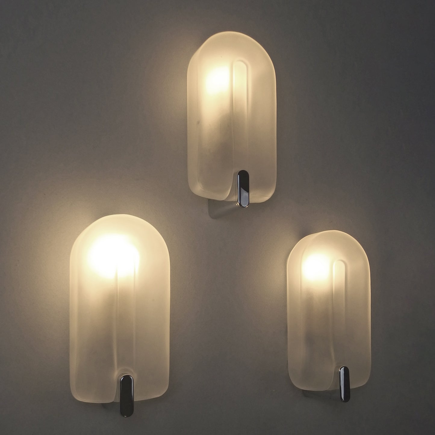Set of 3 elegant 1980s sconces with frosted glass shades and chromed metal base - Retro Lamp Shop