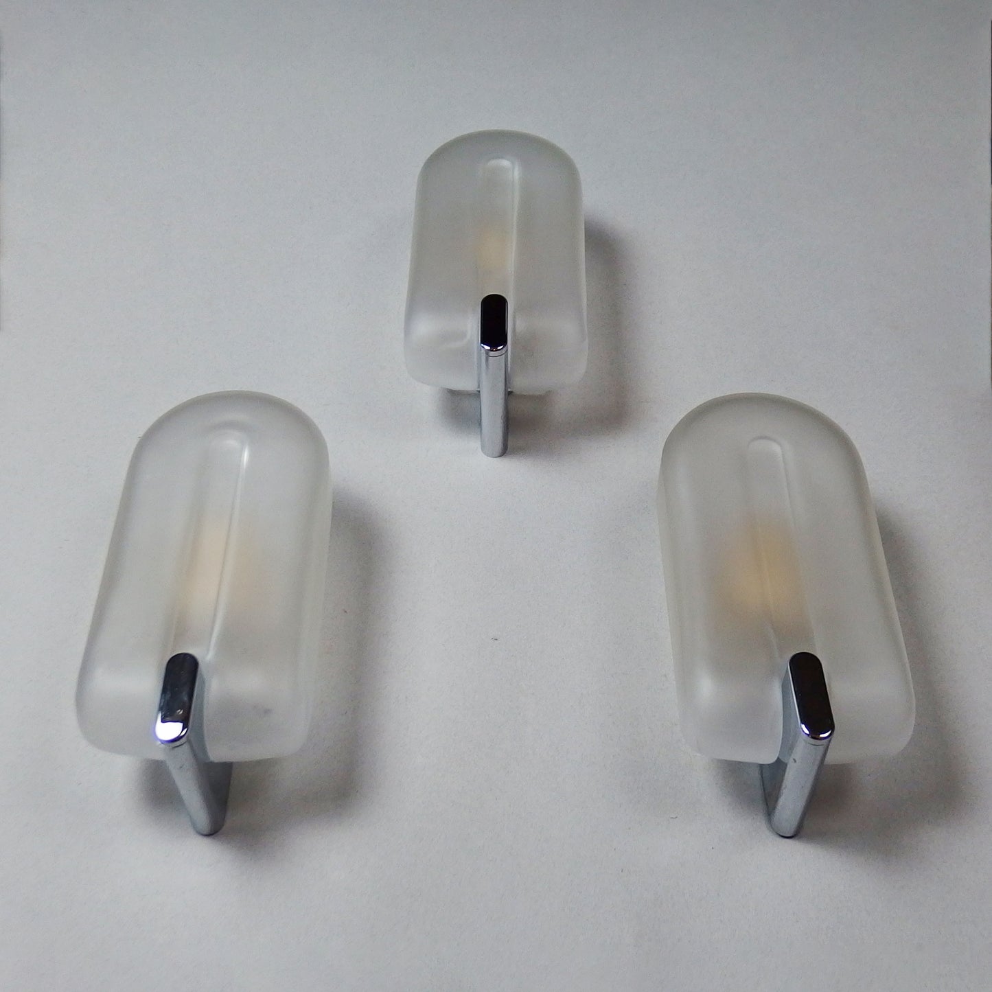 Set of 3 elegant 1980s sconces with frosted glass shades and chromed metal base - Retro Lamp Shop