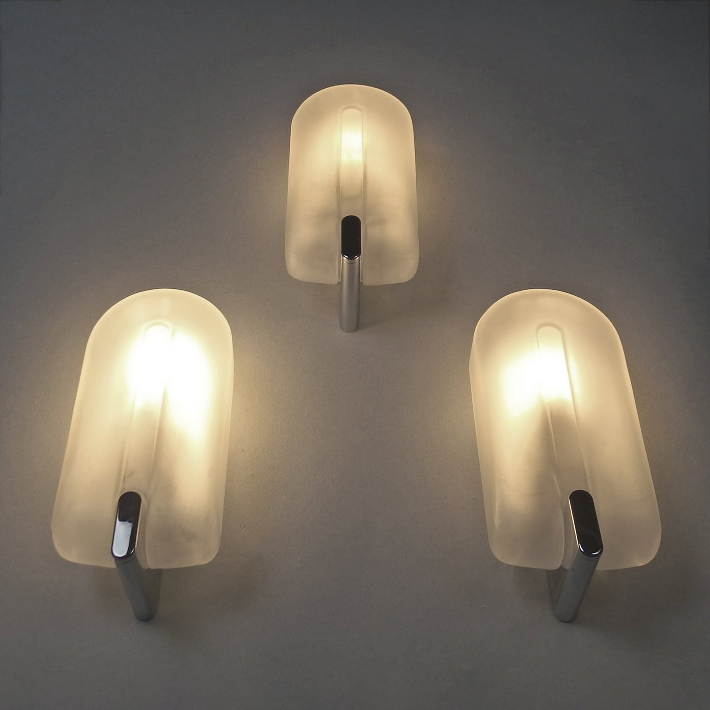 Set of 3 elegant 1980s sconces with frosted glass shades and chromed metal base - Retro Lamp Shop