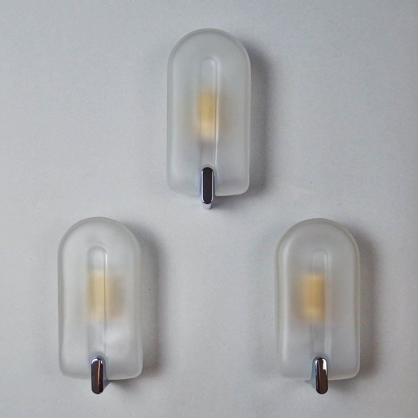 Set of 3 elegant 1980s sconces with frosted glass shades and chromed metal base - Retro Lamp Shop