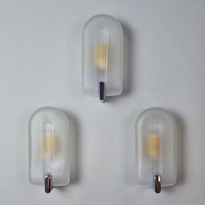 Set of 3 elegant 1980s sconces with frosted glass shades and chromed metal base - Retro Lamp Shop
