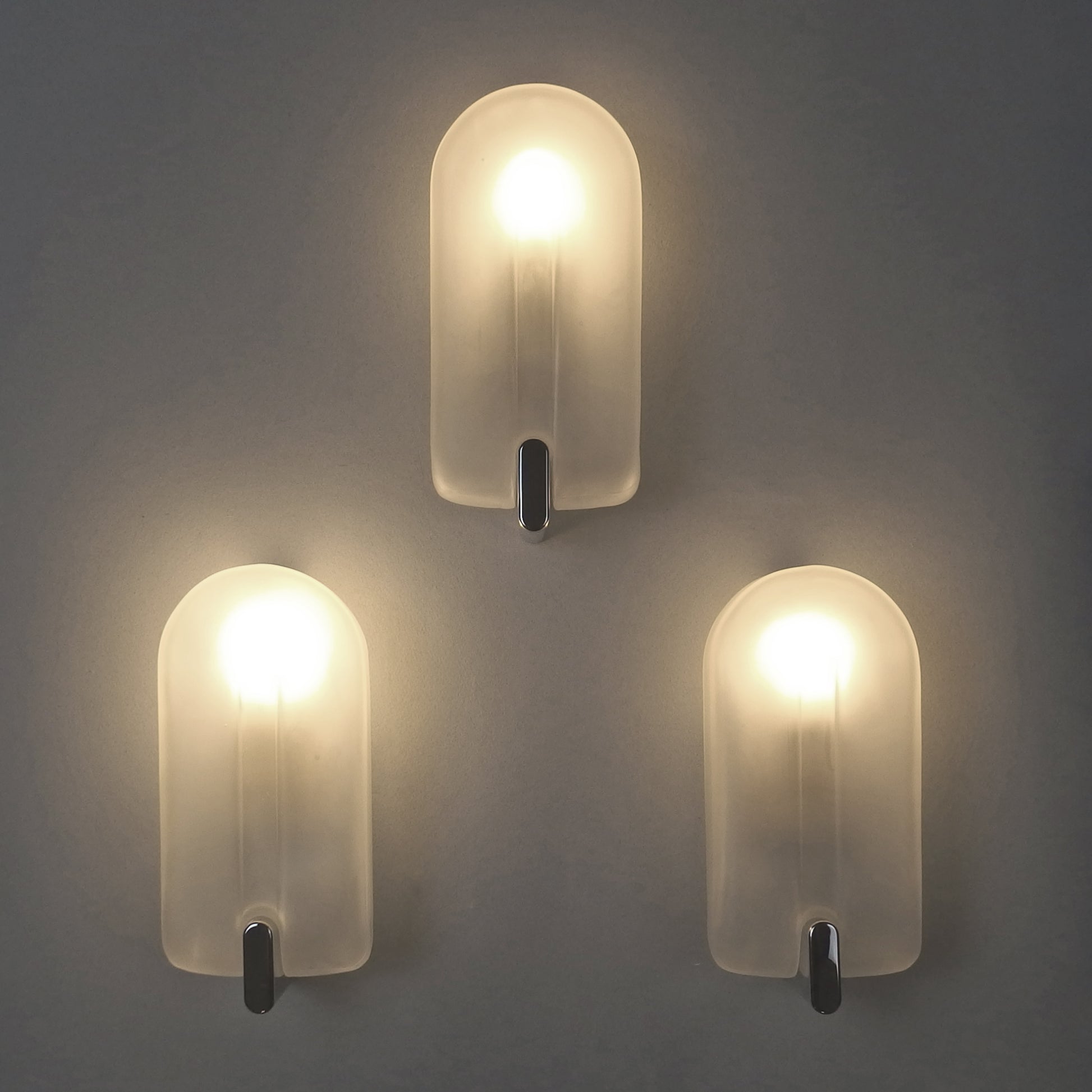 Set of 3 elegant 1980s sconces with frosted glass shades and chromed metal base - Retro Lamp Shop