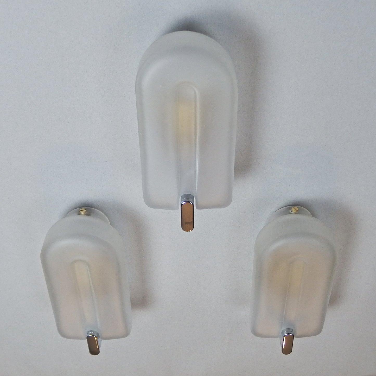 Set of 3 elegant 1980s sconces with frosted glass shades and chromed metal base - Retro Lamp Shop