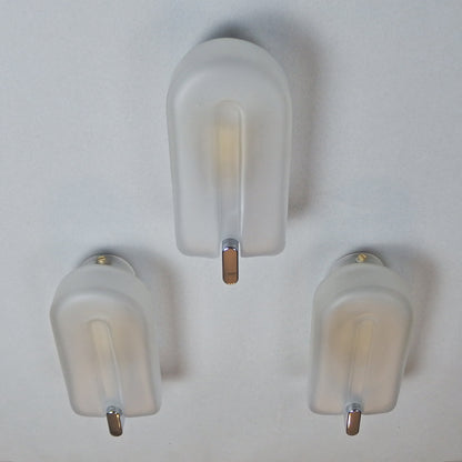 Set of 3 elegant 1980s sconces with frosted glass shades and chromed metal base - Retro Lamp Shop