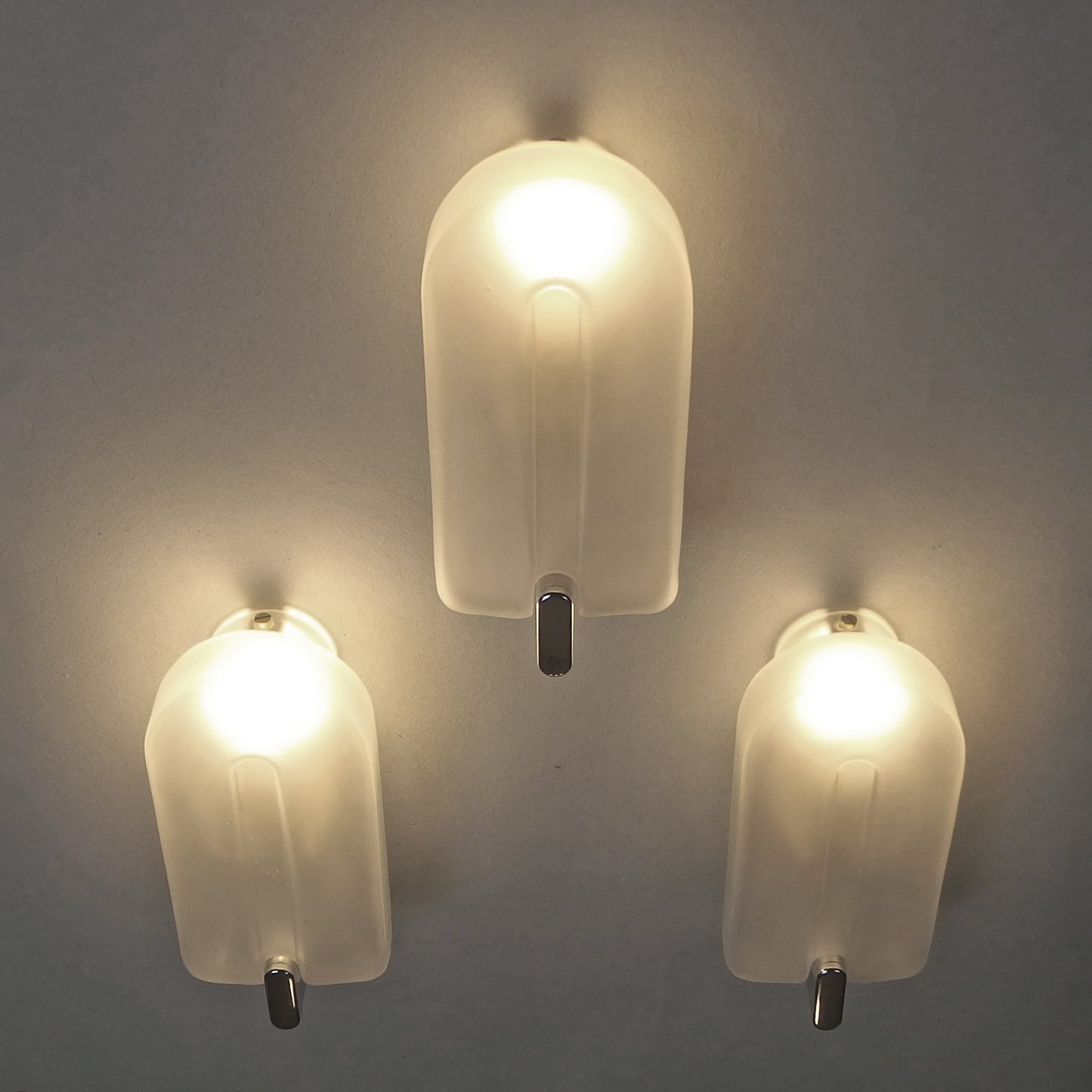 Set of 3 elegant 1980s sconces with frosted glass shades and chromed metal base - Retro Lamp Shop