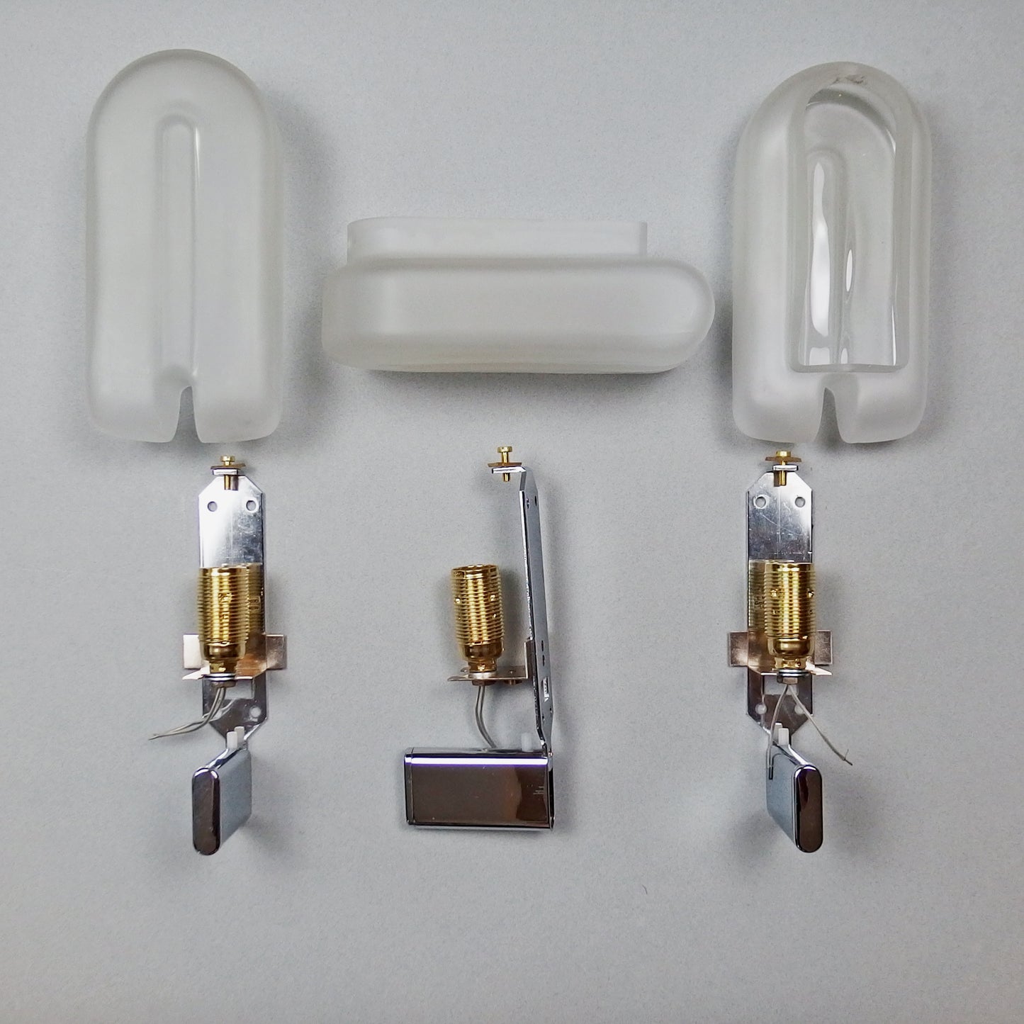 Set of 3 elegant 1980s sconces with frosted glass shades and chromed metal base - Retro Lamp Shop
