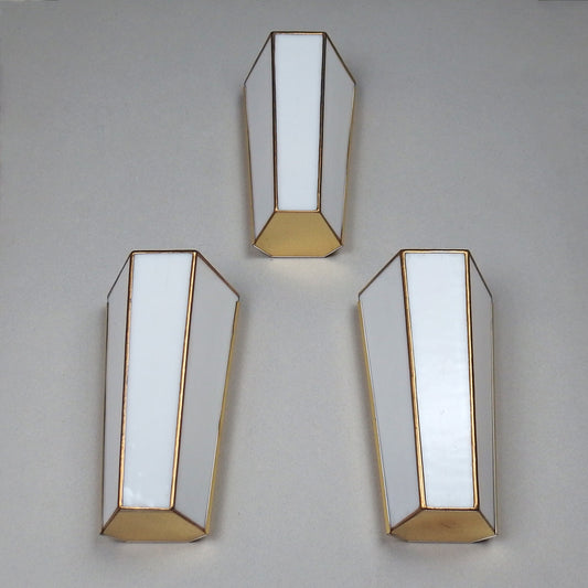 Set of 3 art deco '80s Tiffany sconces with polished brass base and white stain glass from Limburg - Retro Lamp Shop