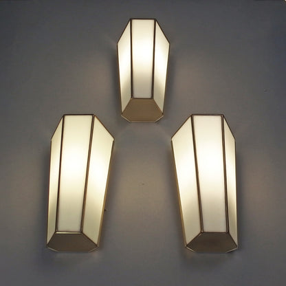 Set of 3 art deco '80s Tiffany sconces with polished brass base and white stain glass from Limburg - Retro Lamp Shop