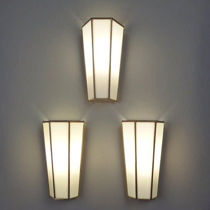 Set of 3 art deco '80s Tiffany sconces with polished brass base and white stain glass from Limburg - Retro Lamp Shop
