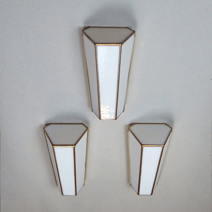 Set of 3 art deco '80s Tiffany sconces with polished brass base and white stain glass from Limburg - Retro Lamp Shop