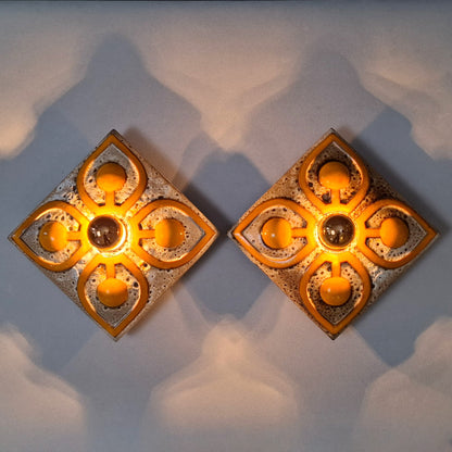 This is a pair  of 70's fat lava orange ceramic  sconces - Retro Lamp Shops