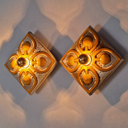 This is a pair  of 70's fat lava orange ceramic  sconces - Retro Lamp Shops