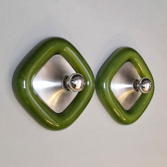 Pair of 70's green ceramic sconces with brushed aluminum elements - Retro Lamp Shop