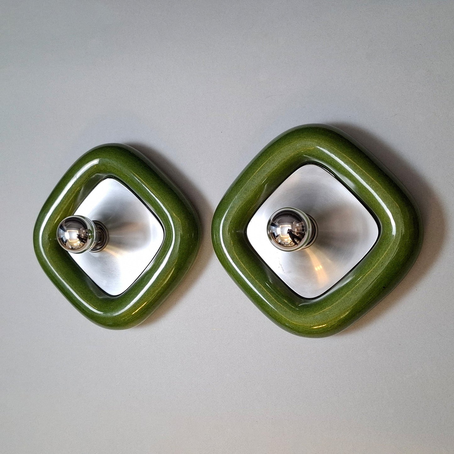 Pair of 70's green ceramic sconces with brushed aluminum elements - Retro Lamp Shop