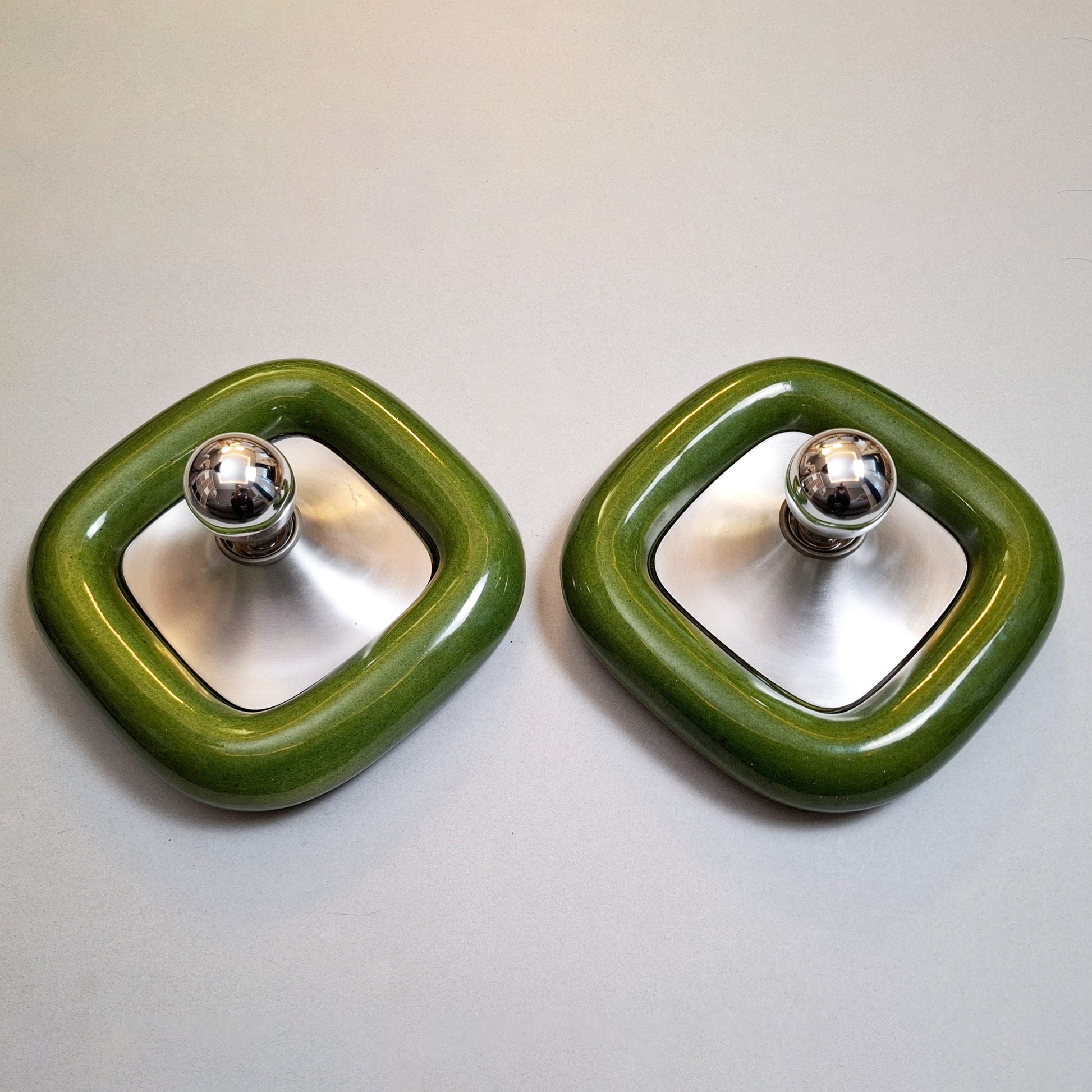 Pair of 70's green ceramic sconces with brushed aluminum elements - Retro Lamp Shop