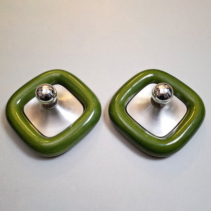 Pair of 70's green ceramic sconces with brushed aluminum elements - Retro Lamp Shop