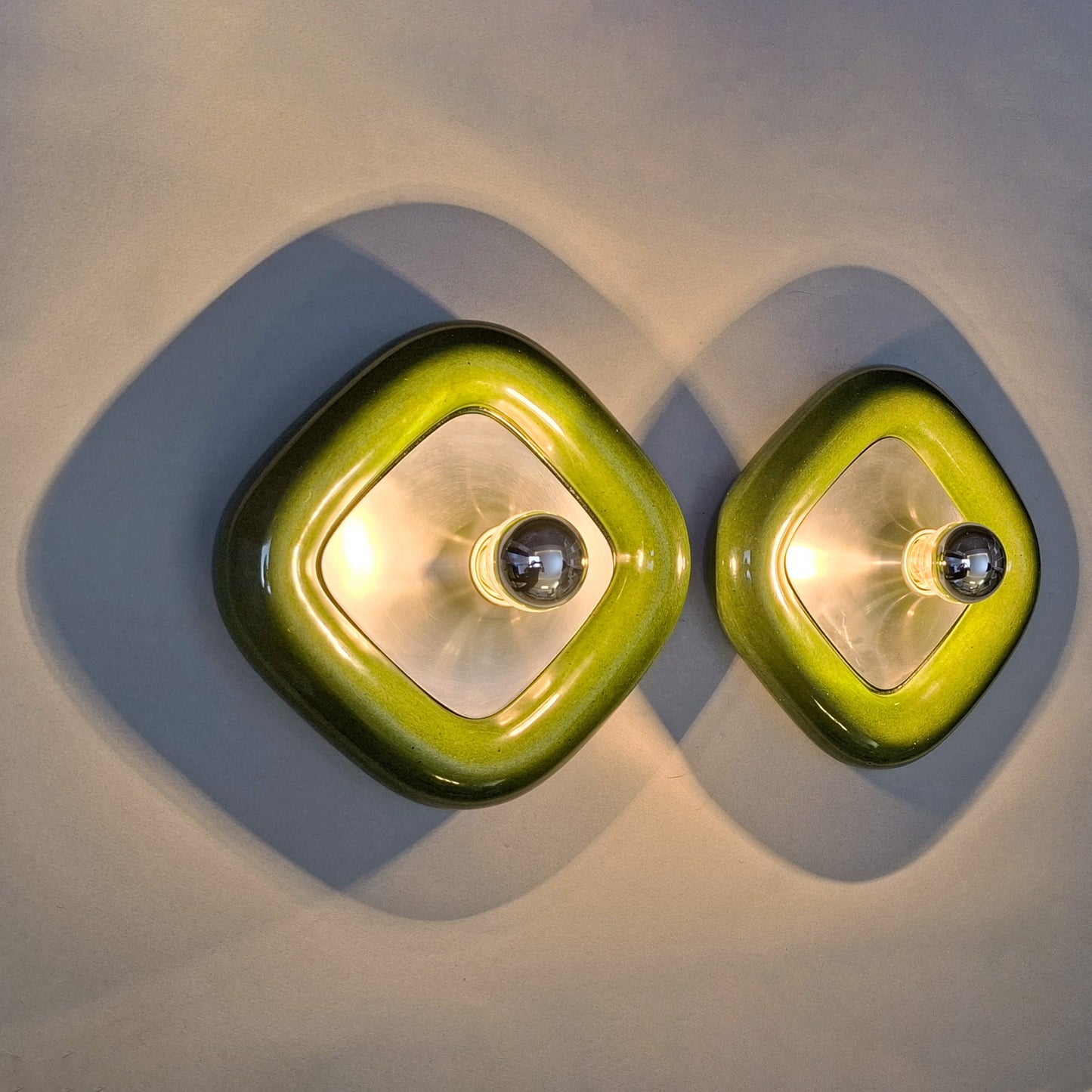 Pair of 70's green ceramic sconces with brushed aluminum elements - Retro Lamp Shop