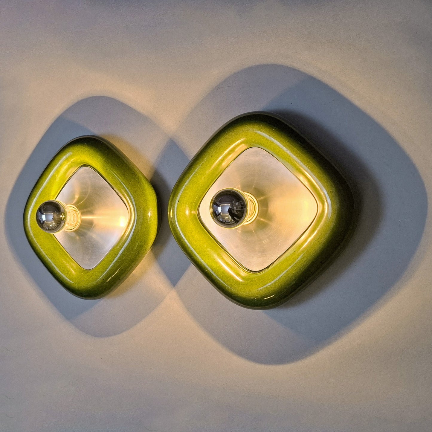 Pair of 70's green ceramic sconces with brushed aluminum elements - Retro Lamp Shop