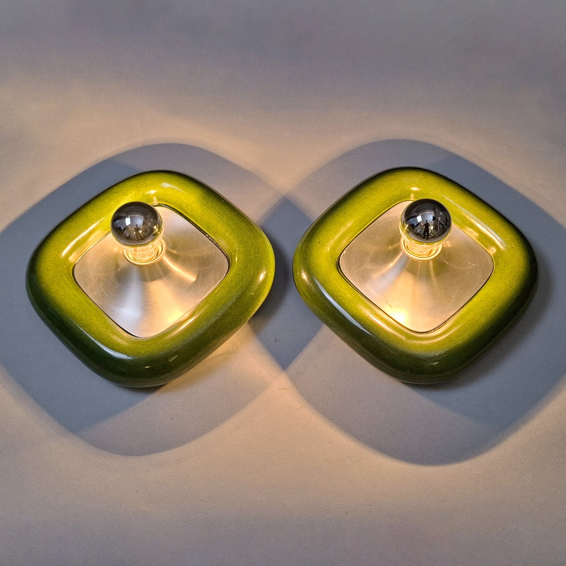 Pair of 70's green ceramic sconces with brushed aluminum elements - Retro Lamp Shop