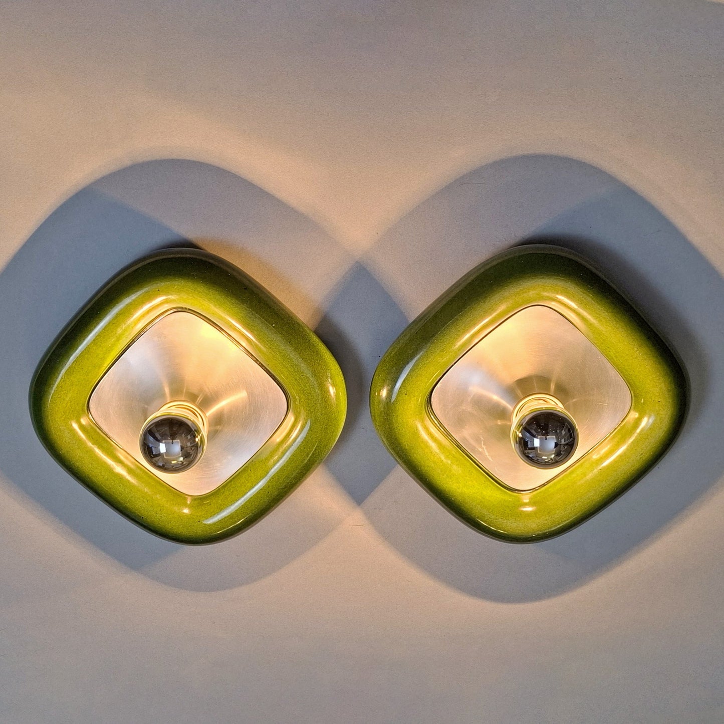 Pair of 70's green ceramic sconces with brushed aluminum elements - Retro Lamp Shop