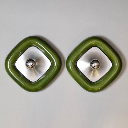 Pair of 70's green ceramic sconces with brushed aluminum elements - Retro Lamp Shop