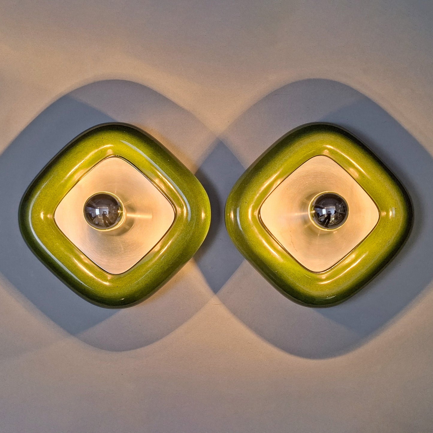 Pair of 70's green ceramic sconces with brushed aluminum elements - Retro Lamp Shop