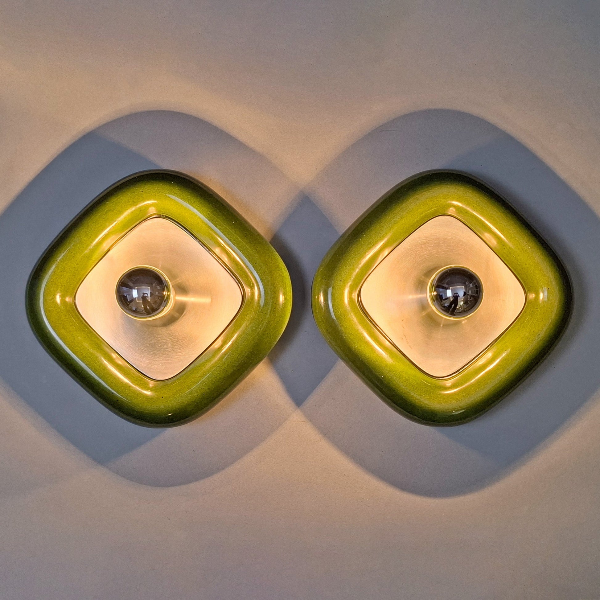 Pair of 70's green ceramic sconces with brushed aluminum elements - Retro Lamp Shop