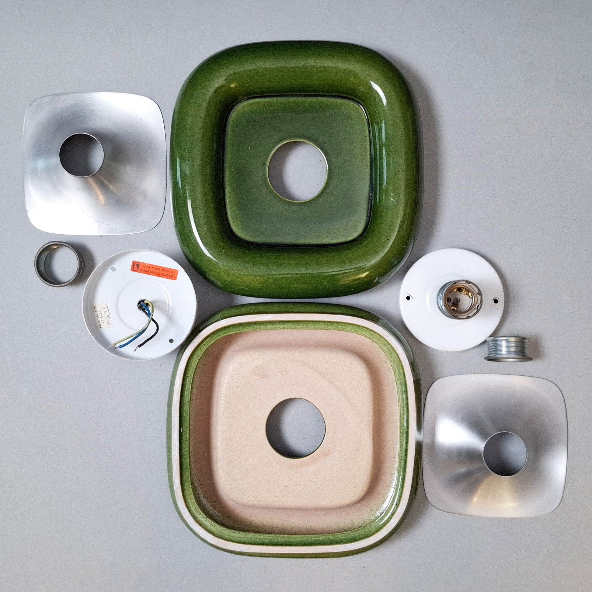 Pair of 70's green ceramic sconces with brushed aluminum elements - Retro Lamp Shop