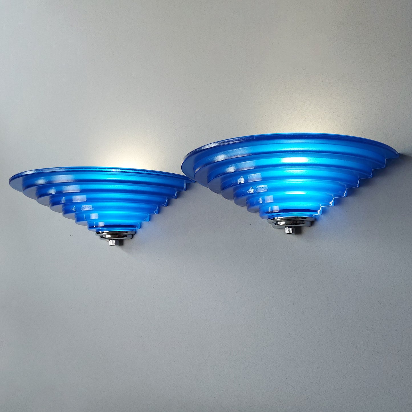 Pair of 80's art deco inspired sconces with cobalt blue glass shades and chrome accessories - Retro Lamp Shop