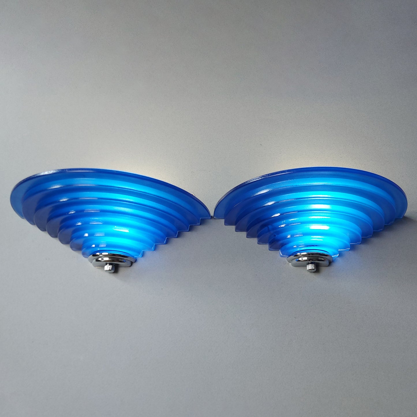 Pair of 80's art deco inspired sconces with cobalt blue glass shades and chrome accessories - Retro Lamp Shop