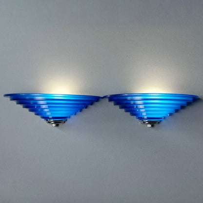 Pair of 80's art deco inspired sconces with cobalt blue glass shades and chrome accessories - Retro Lamp Shop