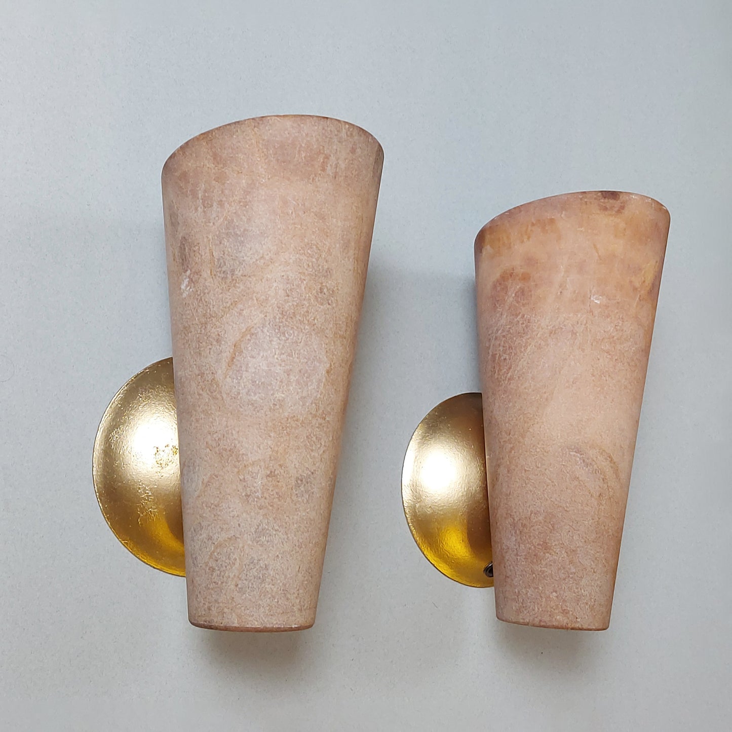 Pair of 80's spanish alabaster sconces with gold painted cast iron base - Retro Lamp Shop