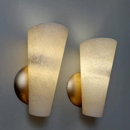 Pair of 80's spanish white alabaster sconces with gold painted cast iron base - Retro Lamp Shop