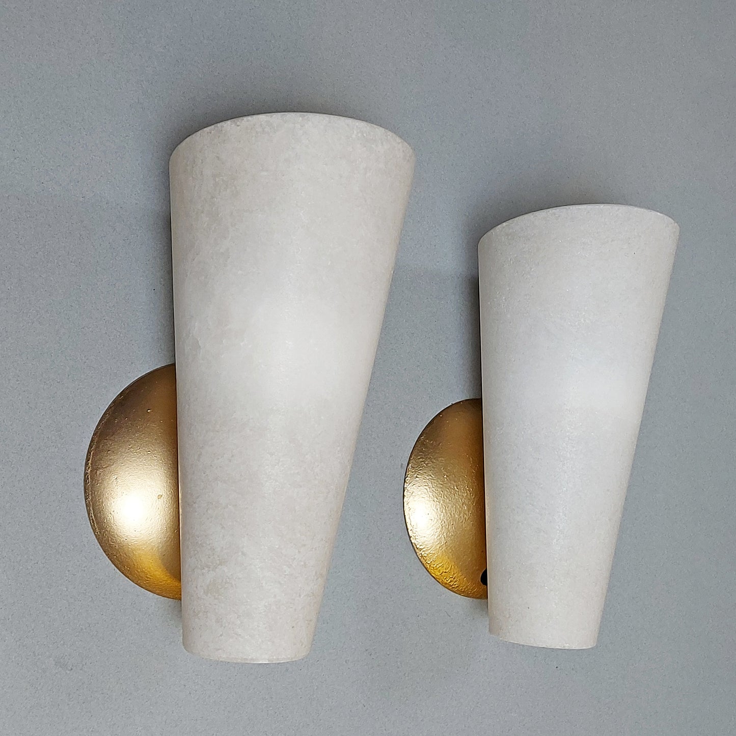 Pair of 80's spanish white alabaster sconces with gold painted cast iron base - Retro Lamp Shop