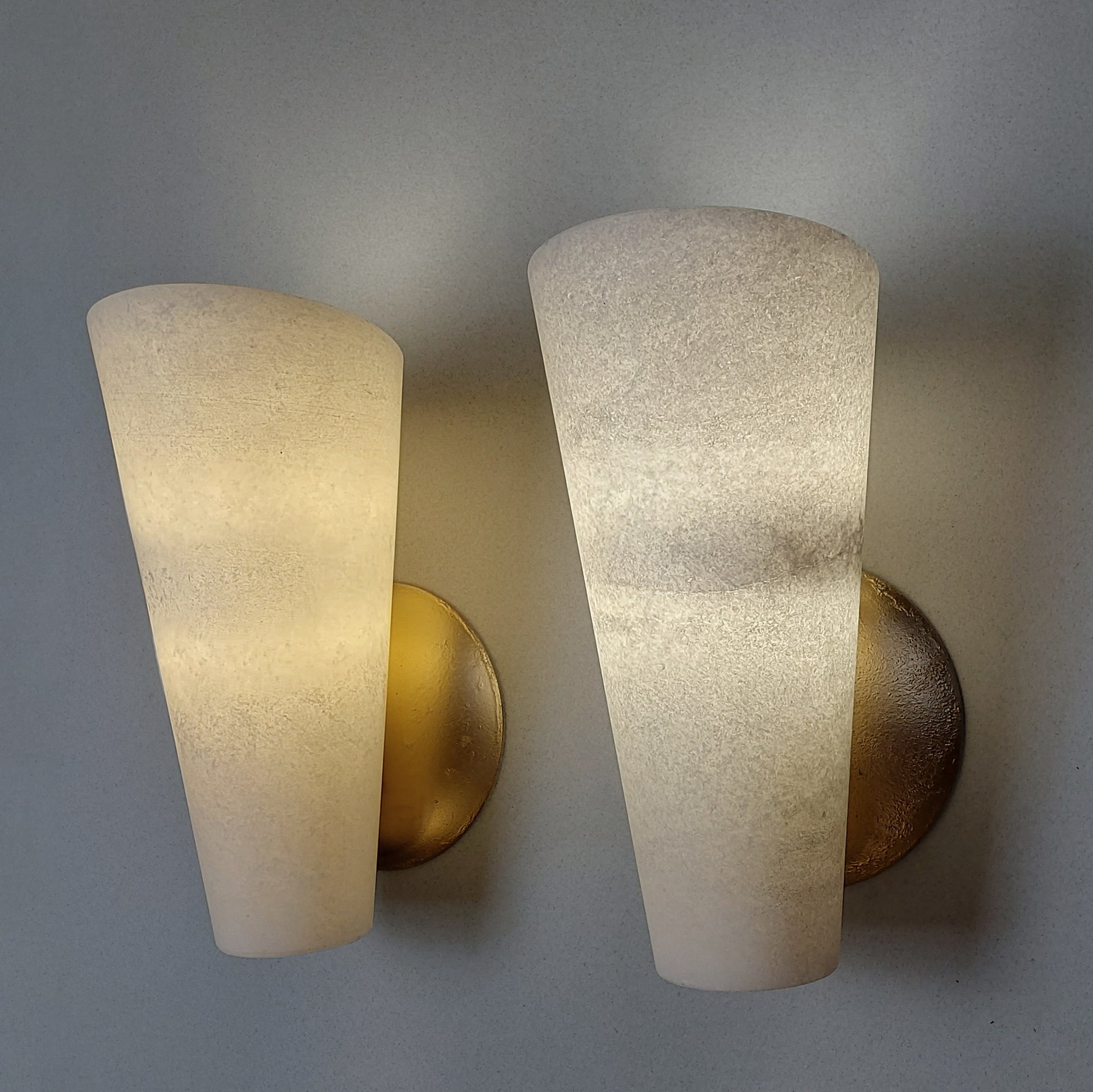 Pair of 80's spanish white alabaster sconces with gold painted cast iron base - Retro Lamp Shop