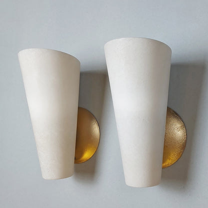 Pair of 80's spanish white alabaster sconces with gold painted cast iron base - Retro Lamp Shop