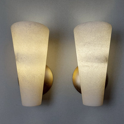 Pair of 80's spanish white alabaster sconces with gold painted cast iron base - Retro Lamp Shop