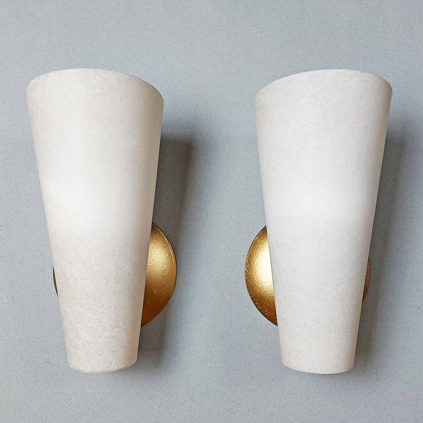 Pair of 80's spanish white alabaster sconces with gold painted cast iron base - Retro Lamp Shop