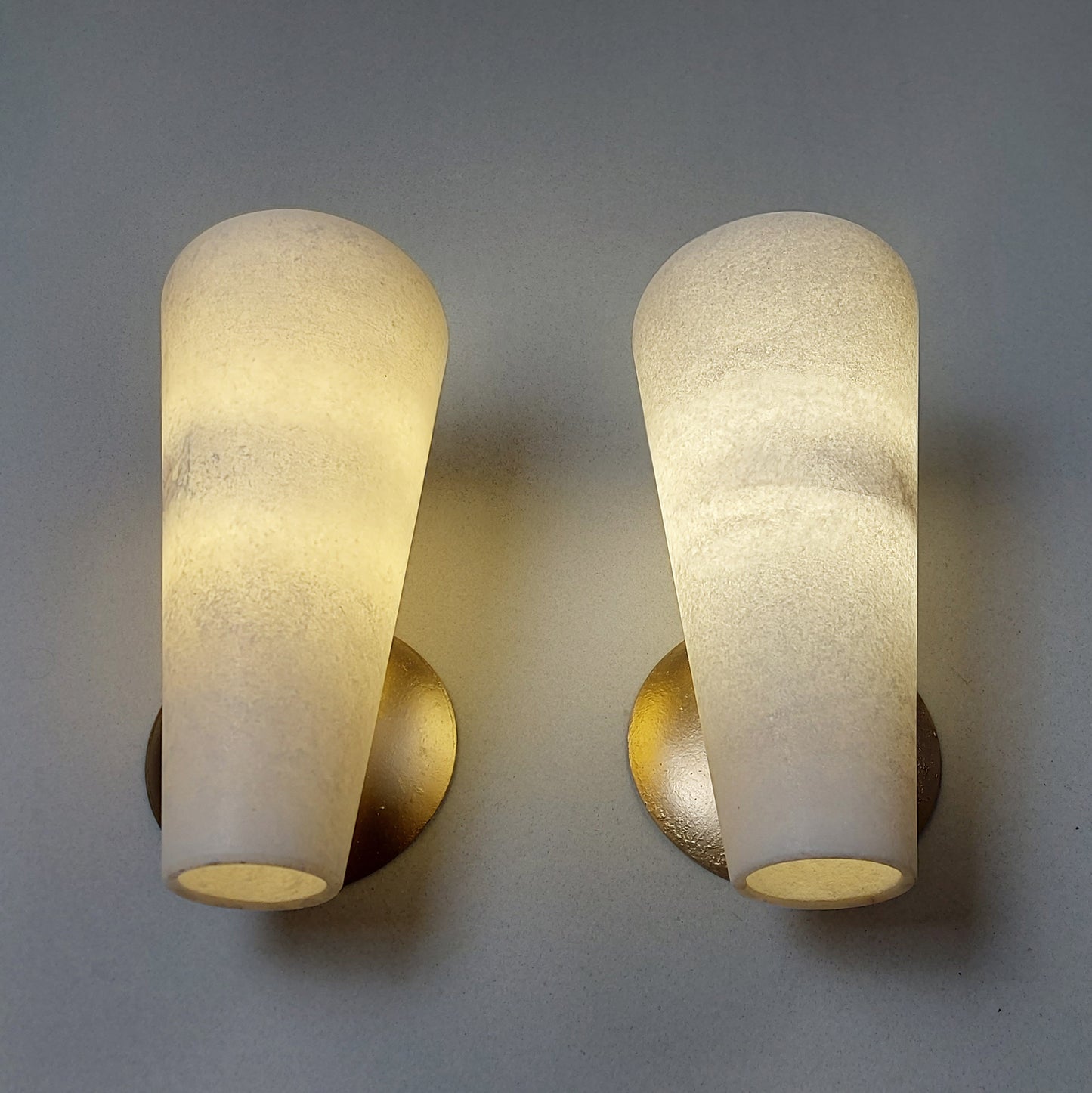 Pair of 80's spanish white alabaster sconces with gold painted cast iron base - Retro Lamp Shop