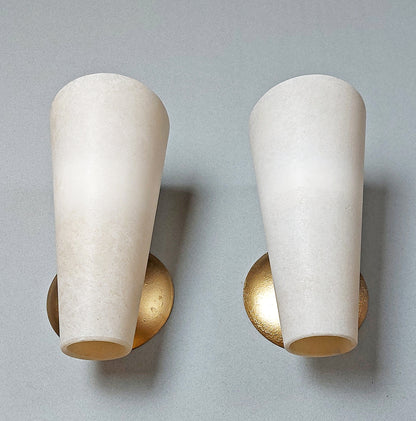 Pair of 80's spanish white alabaster sconces with gold painted cast iron base - Retro Lamp Shop