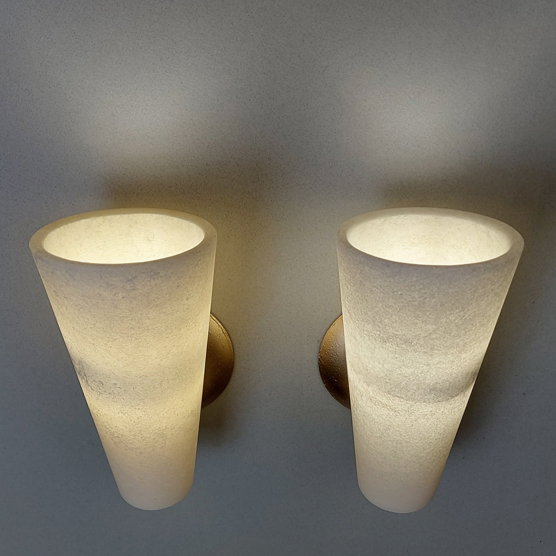 Pair of 80's spanish white alabaster sconces with gold painted cast iron base - Retro Lamp Shop