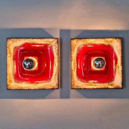 Pair of 1970's fat lava red ceramic sconces from Hustadt