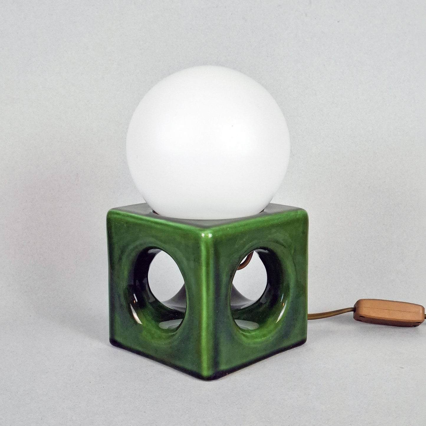 1970s pop art green ceramic table lamp with opaline glass globe - Retro Lamp Shop