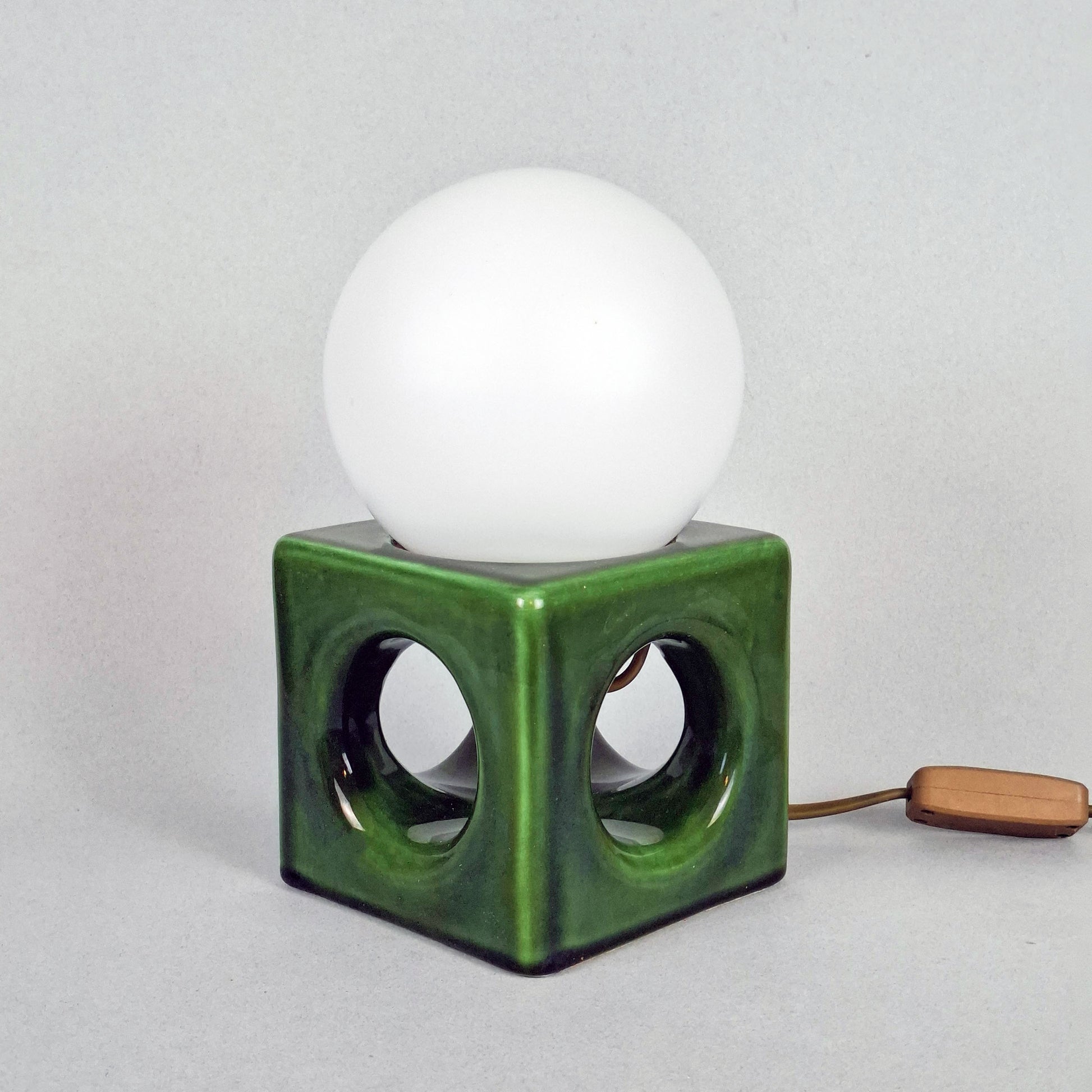 1970s pop art green ceramic table lamp with opaline glass globe - Retro Lamp Shop