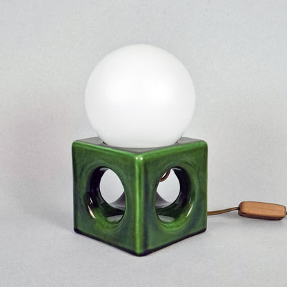 1970s pop art green ceramic table lamp with opaline glass globe - Retro Lamp Shop