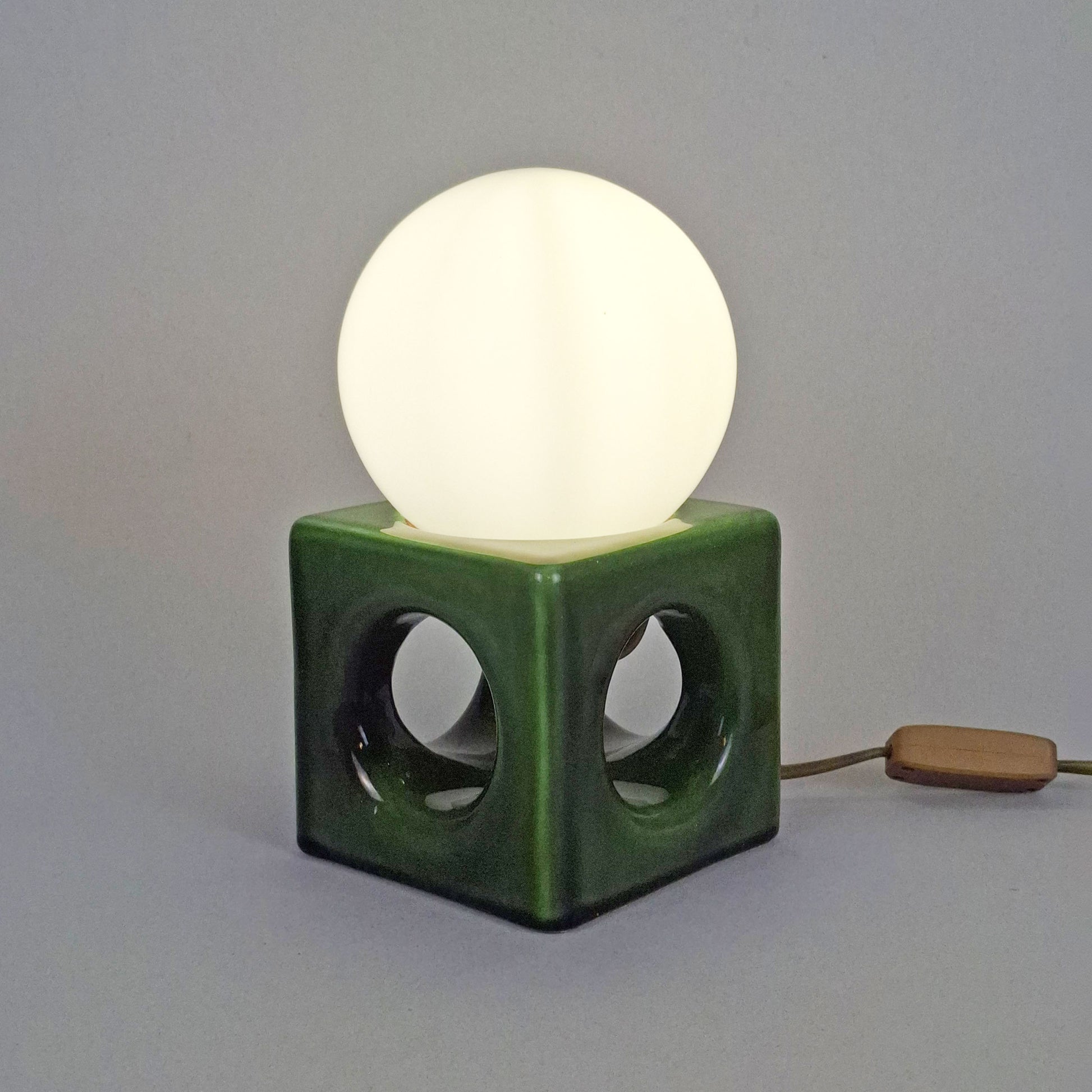 1970s pop art green ceramic table lamp with opaline glass globe - Retro Lamp Shop