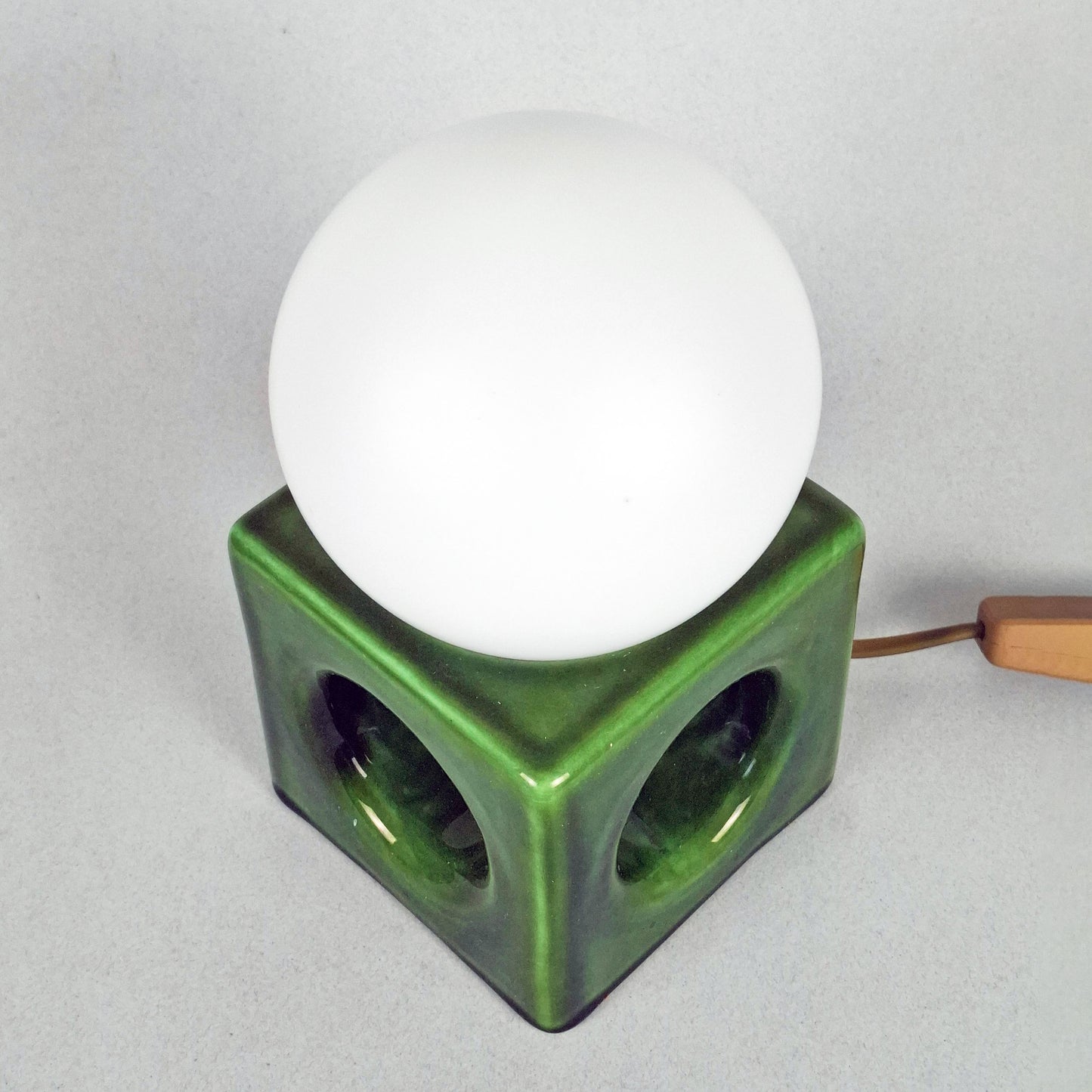 1970s pop art green ceramic table lamp with opaline glass globe - Retro Lamp Shop