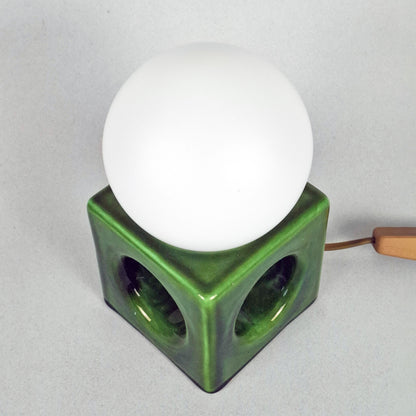 1970s pop art green ceramic table lamp with opaline glass globe - Retro Lamp Shop