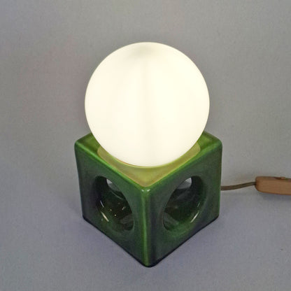 1970s pop art green ceramic table lamp with opaline glass globe - Retro Lamp Shop