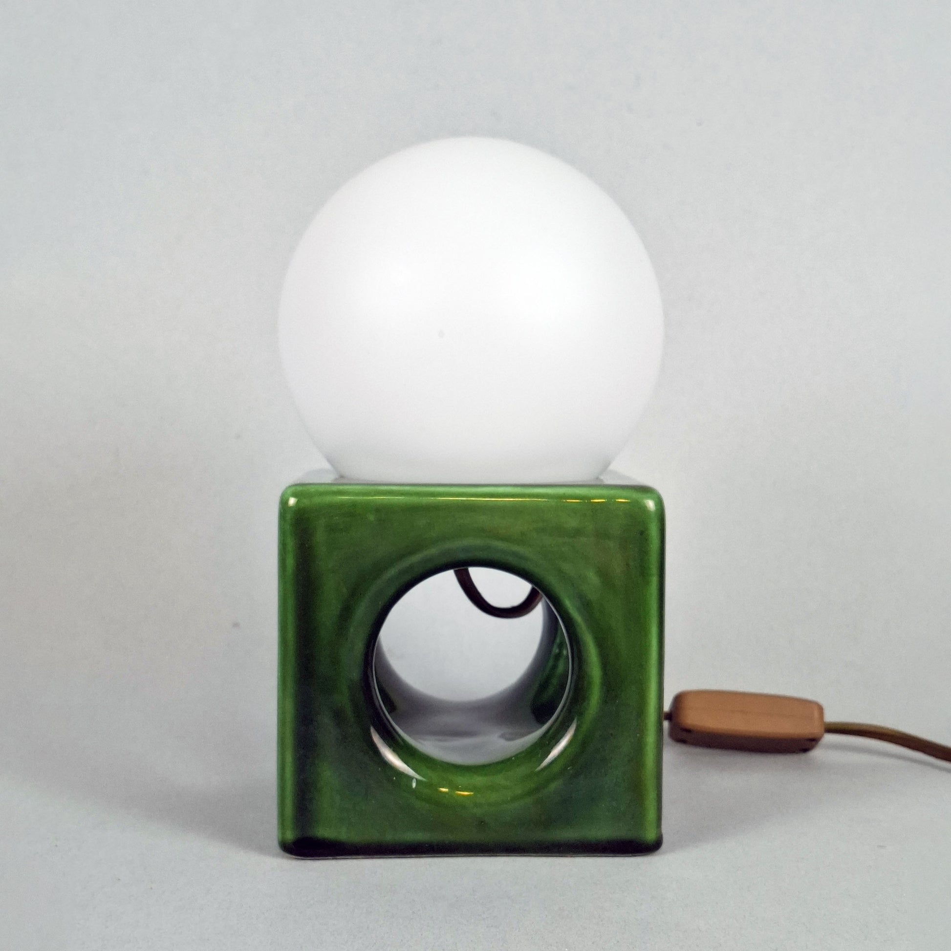 1970s pop art green ceramic table lamp with opaline glass globe - Retro Lamp Shop
